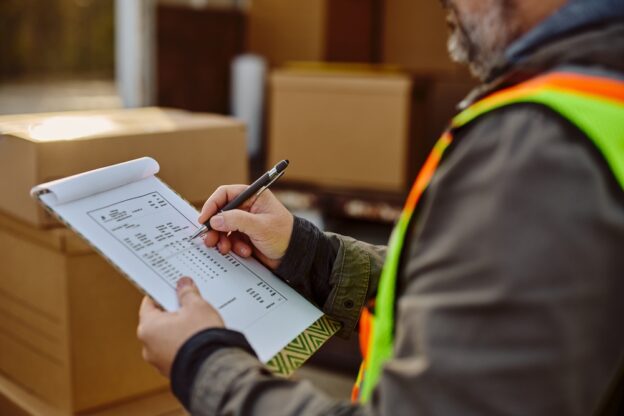 Freight driver looking over a clipboard with freight class chart printed on it