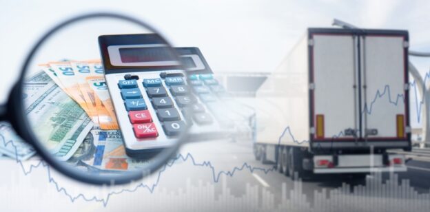 Investment in truck business. Lorry is on road. Money with calculator. Freight revenue growth chart. Increase in cost of truck services. Logistics investment concept. Truck company accounting