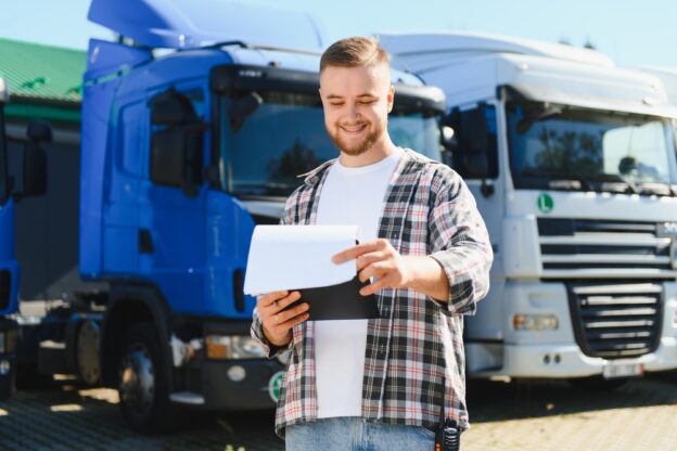 Truck driver reviewing paperwork in front of two semi trucks before starting interstate operations