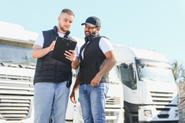 Two male drivers reviewing delivery papers on a clipboard, coordinating freight transport operations by multiple semi trucks